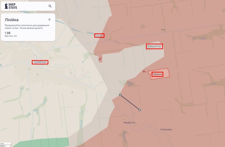 Карта боев на линии Гуляйполе, Красное, Марфополь, Зеленый Гай, 26 ноября