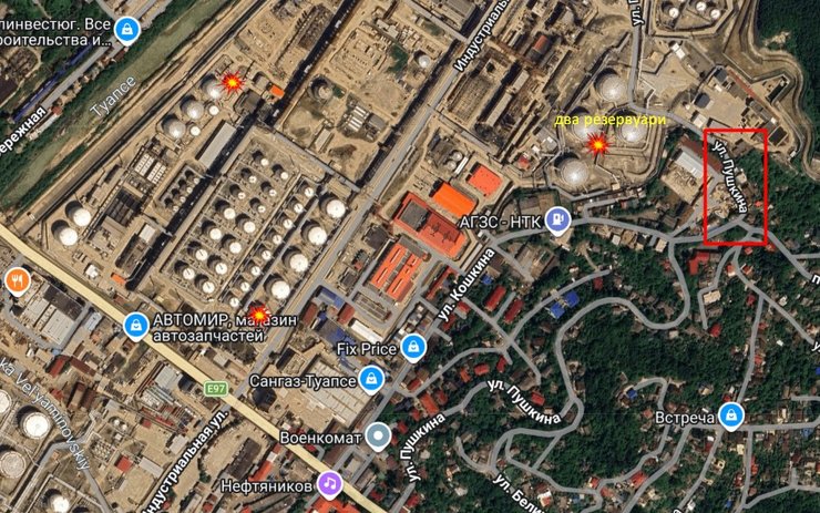 карта з резервуарами, які горять у Туапсе 28 квітня