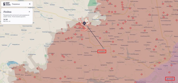 карта лінії фронту Покровськ та Селидове, 17 грудня, DeepState Яка відстань від фронту у Покровська до тилу у Селидовому, 17 грудня, DeepState