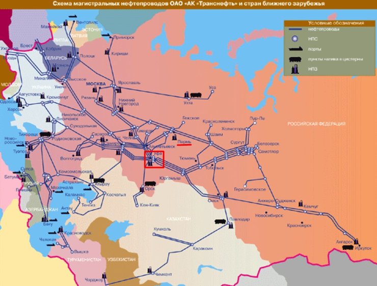 схема з місцем ЛВДС Нурлино на схемі трубопроводів Транснефть