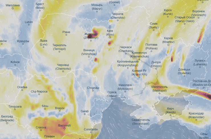 Ситуация с воздухом в Украине 2 марта по версии Ventusky