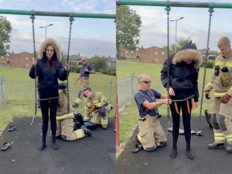 Женщина застряла в качели, качели, детская площадка, молодая мама, застряла в детской качели, пожарные, демонтаж качели