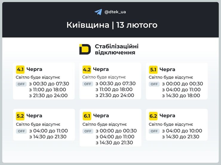 Київська область графіки світла ДТЕК 13 лютого