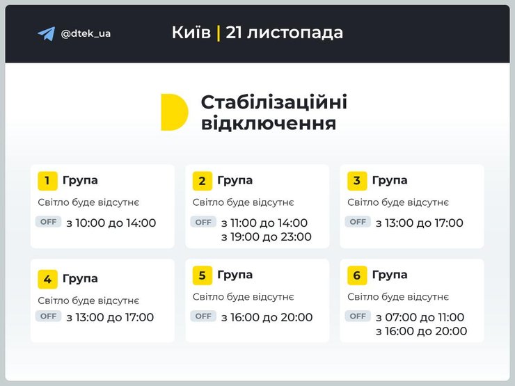 Графики отключений, Киев, 21 ноября, ДТЭК