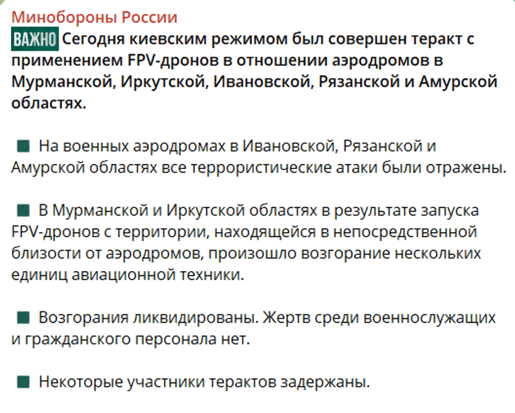 Минобороны РФ, удар по авиабазам РФ, атака беспилотников