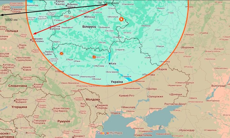 Карта с зоной досягаемости ракеты "Орешник" в Украине