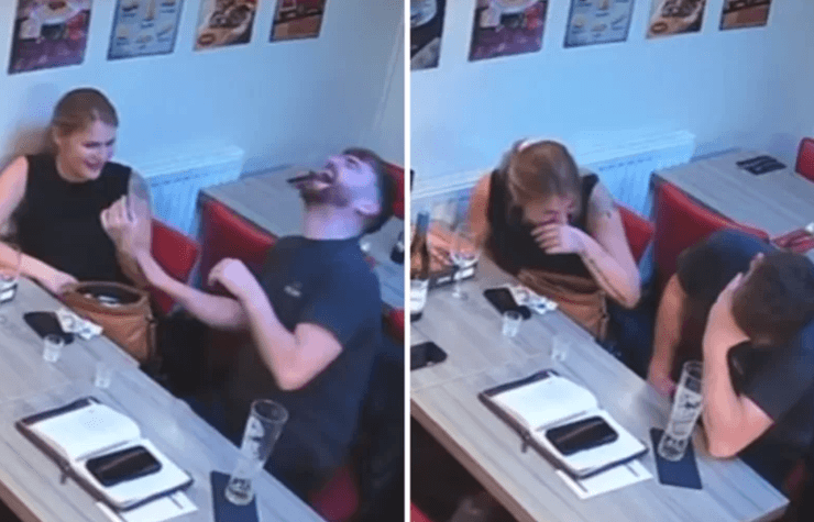 Пара поела в ресторане, а потом получила запись с камер наблюдения, этот ролик стал вирусным в сети, Великобритания