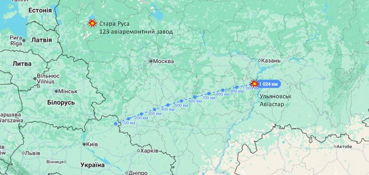 Карта ударов по заводу Авиастар и 123 АРЗ 16-17 марта