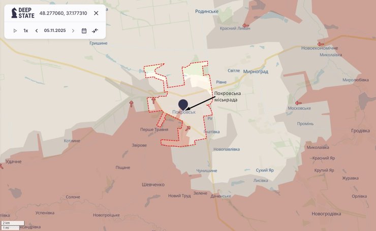 Карта, яка показує, що Покровська міська рада на 2,5 км в сірій зоні