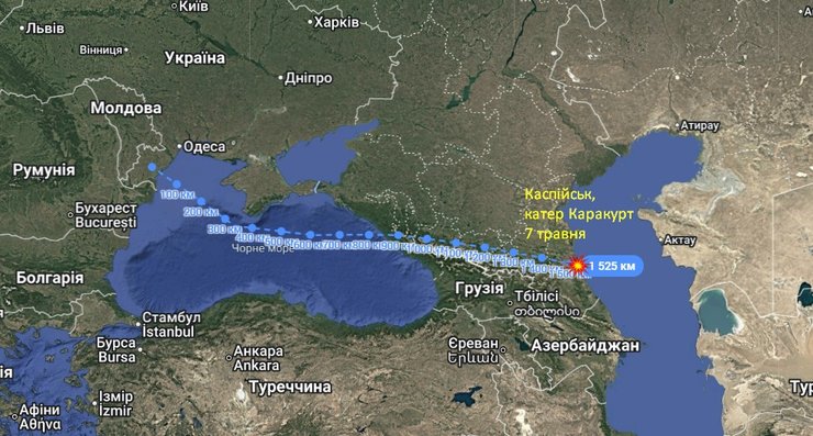 карта с расстоянием до Каспийска с катером Каракурт