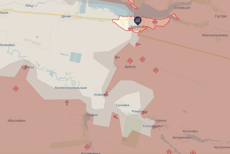 наступление ВС РФ, Кураховское направление, Успеновка, Дальнее, Трудовое, Курахово, наступление на Донбассе, карта, DeepState