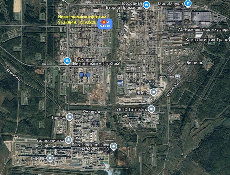 Карта з координатами вибуху на Нижнекамскнефтехим 31 березня