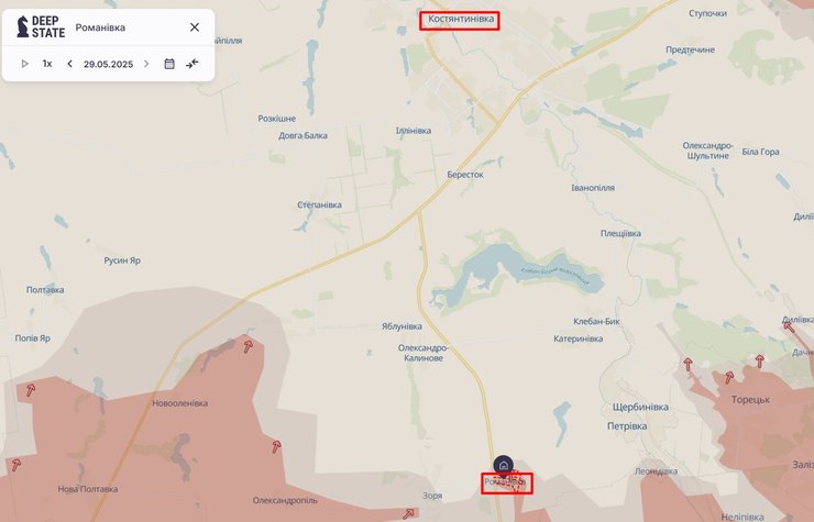 DeepState показали наступление РФ в Романовке и угрозу для Константиновки 30 мая