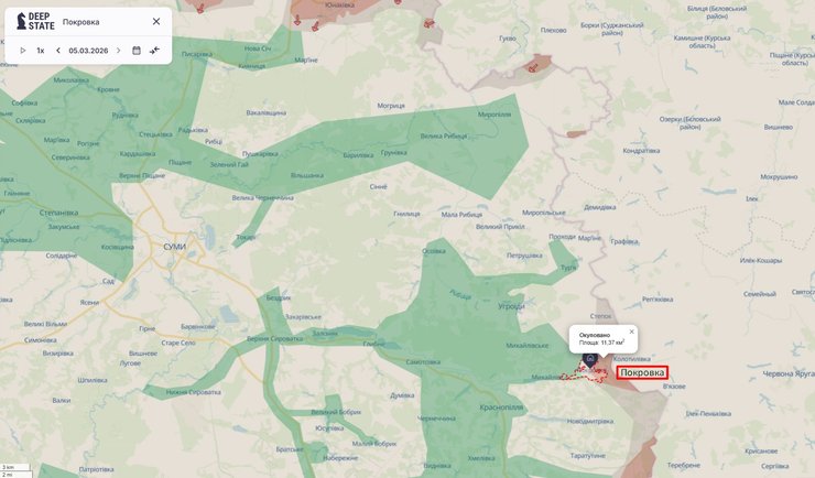 Карта наступу РФ біля Покровки, 6 березня, DeepState