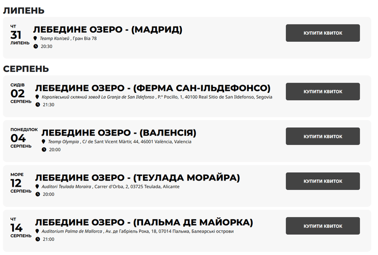Розклад вистав балету Лебедине озеро від Ballet de Kiev в Іспанії