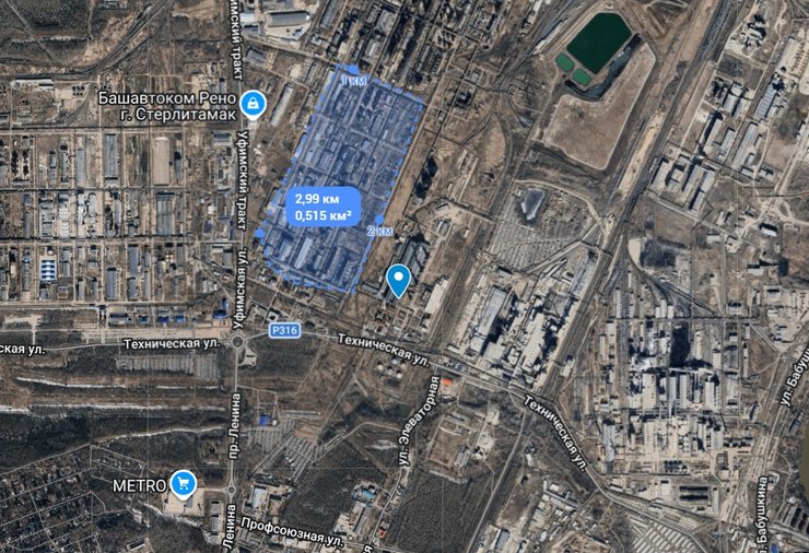 Карта з зоной горения на Стерлитамакском нефтехимическом заводе, 15 апреля