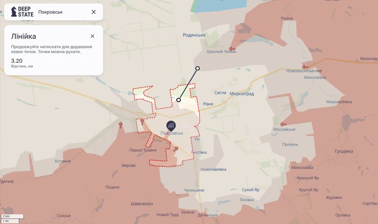 Карта з відтинком фронту Покровськ-Родинське-Мирноград 5 листопада
