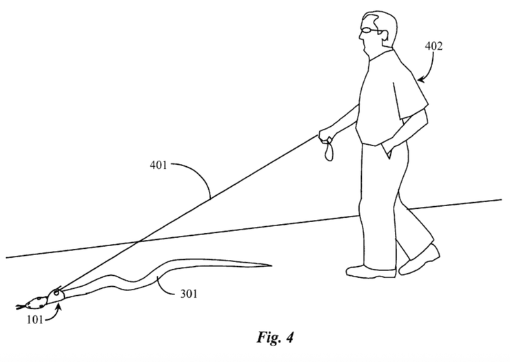 Схема устройства для выгула змеи на поводке, запатентованного в США