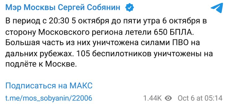повідомлення Собяніна про масовану атаку дронів на Москву і область