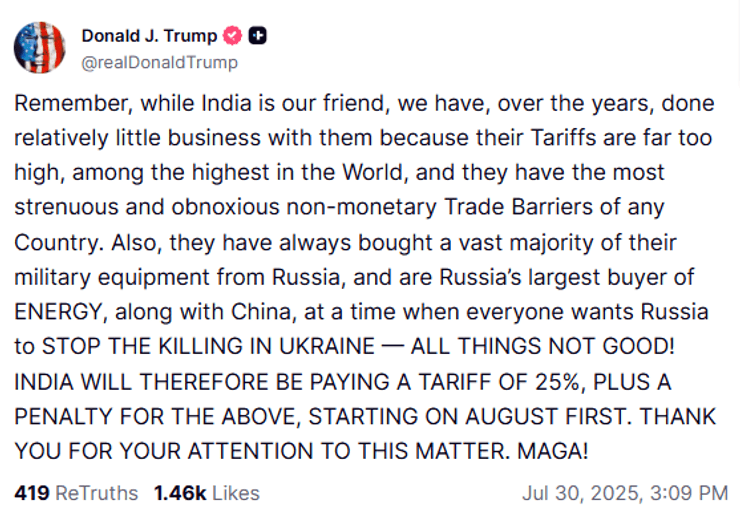Трамп ввів тарифи для Індії за купівлю військового обладнання й енергії у РФ