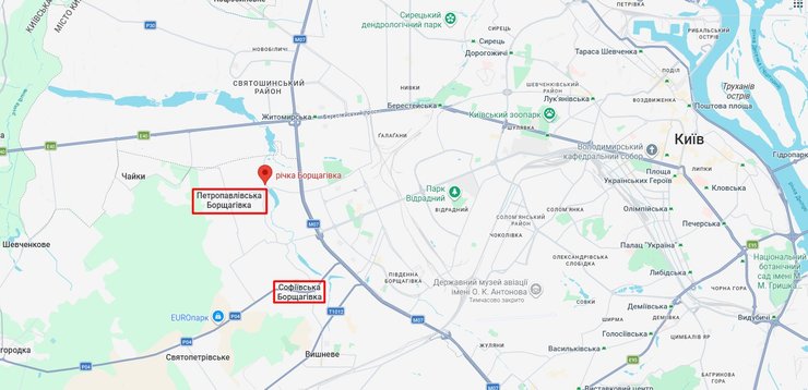 карта з місцевістю з мором риби на Борщагівці на Київщині 11 серпня 2026 року