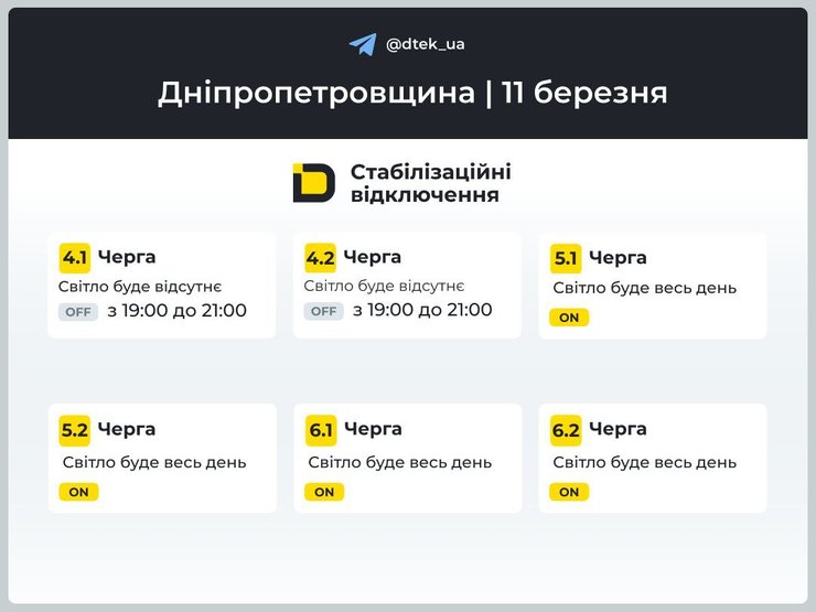 Днепропетровская область графики отключений света ДТЭК 11 марта