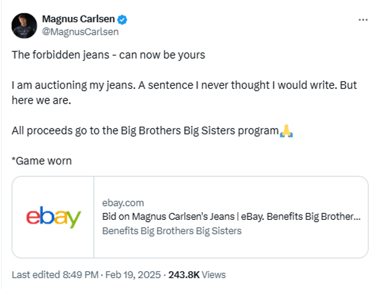 Магнус Карлсен, скандал Магнус Карлсен, Карлсен продает джинсы, скандальные джинсы Карлсена, джинсы Карлсена аукцион