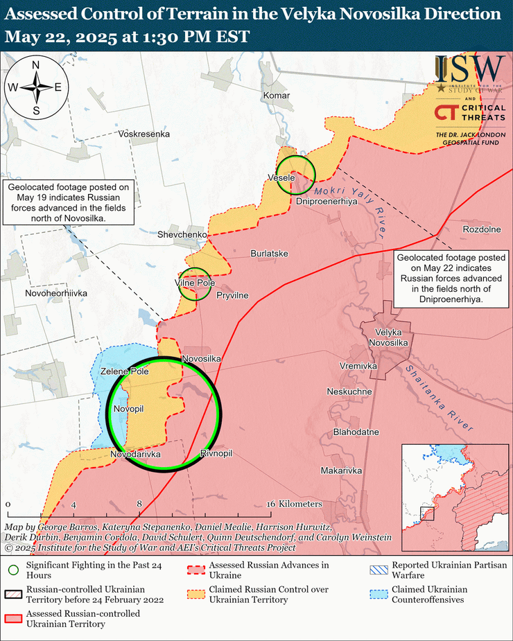 Наступление РФ под Великими Новоселками на карте ISW по состоянию на 22 мая