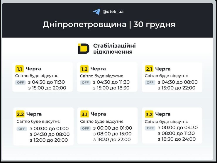Графики отключений света в Днепропетровской области на 30 декабря