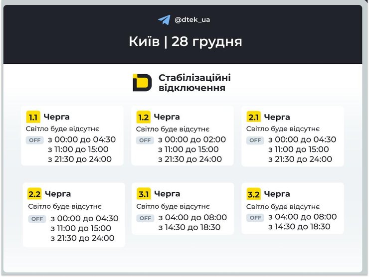 Отключение света в Киеве на 28 декабря