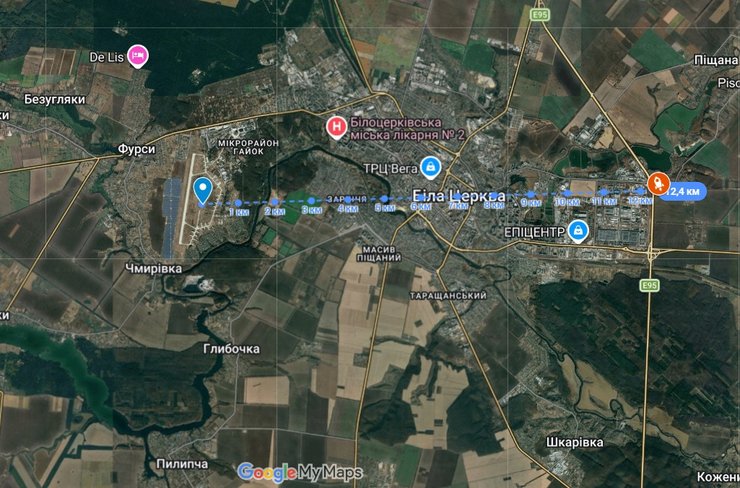 карта з ударом по Білій Церкві 24 травня, КіберБорошно, Google maps