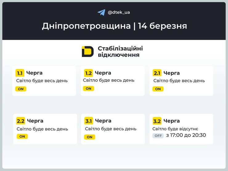 График отключения света для 1-3 очередей в Днепропетровской области на 14 марта