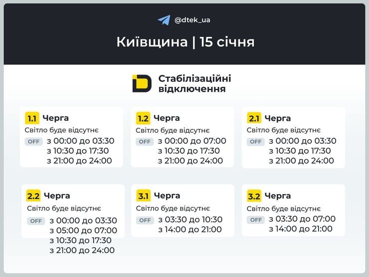 Графики почасовых отключений света в Киевской области на 15 января для 1-3 очередей