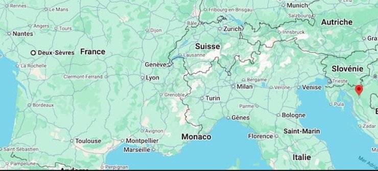 Карта Європи з маршрутом від Франції до Хорватії, що показує шлях, який пенсіонер проїхав помилково