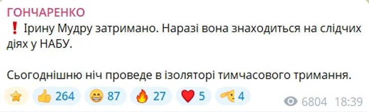 скрин допису Гончаренка про затримання Ірини Мудрої 19 серпня