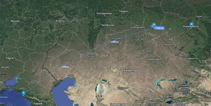 Маршрут літака РФ, який здійснив аварійну посадку