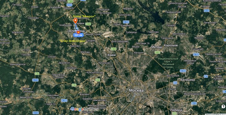 Карта з місцерозташуванням Микрон та Елма-Зеленоград під Москвою