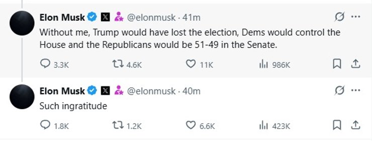 Маск назвал Трампа неблагодарным