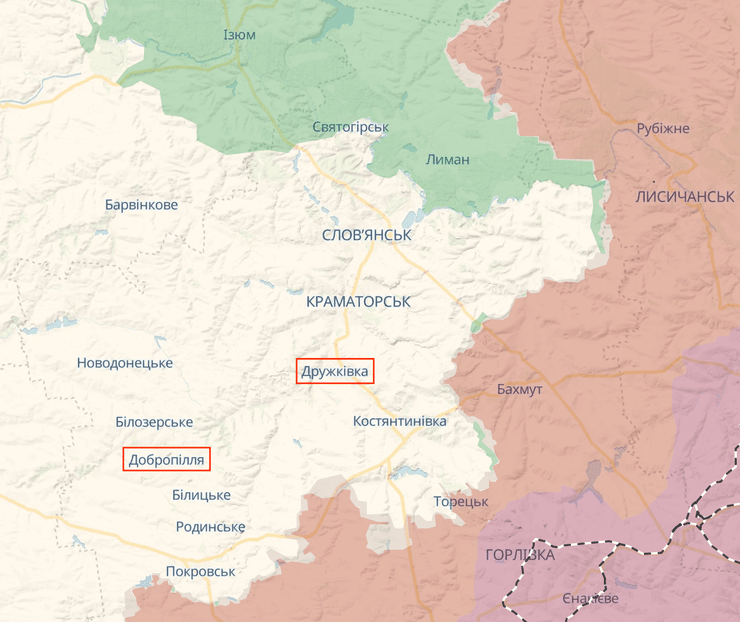 Карта боевых действий с логистическими пунктами в районе Константиновки