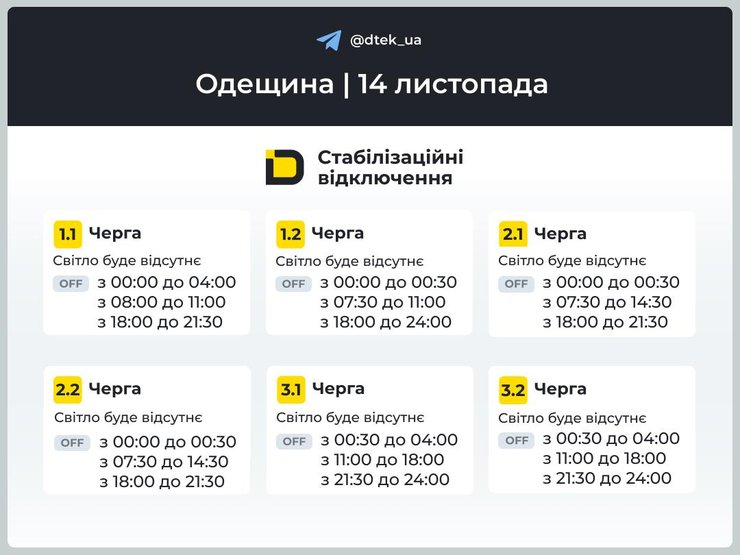 Графіки відключень світла на 14 листопада в Одеській області