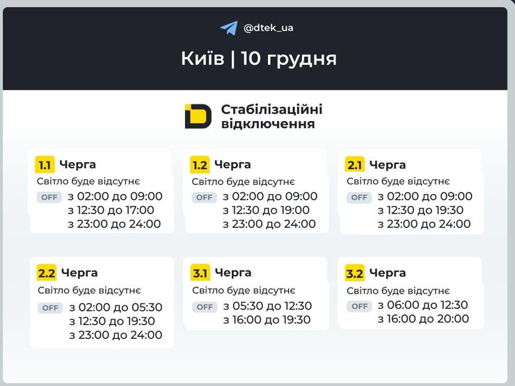 Графіки відключень електроенергії в Києві на 10 грудня