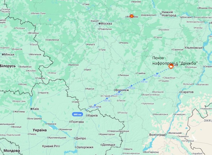 Расстояние от Украины до ветки "Дружбы" в Пензе