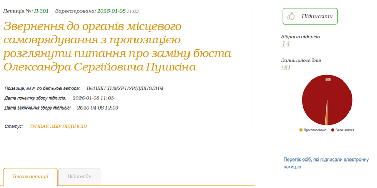 Петиція щодо пам'ятника Пушкіну