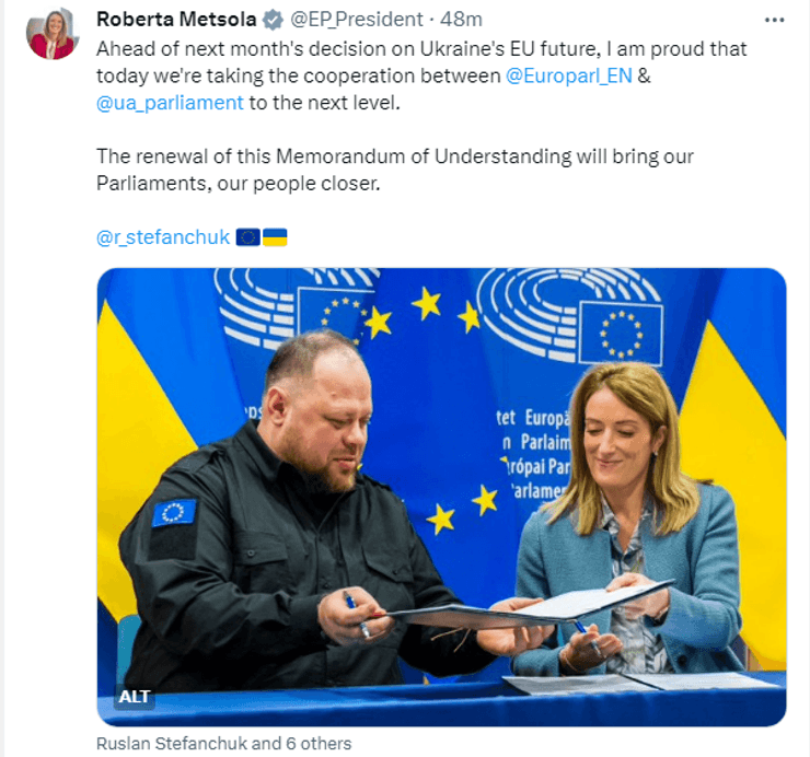 Роберта Метсола, Руслан Стефанчук, Метсола Стефанчук, Європарламент. Верховна рада, парламент