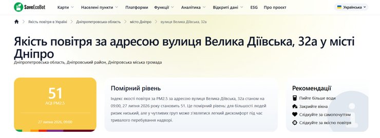 Качество воздуха в Днепре по состоянию на 9 утра 27 июля
