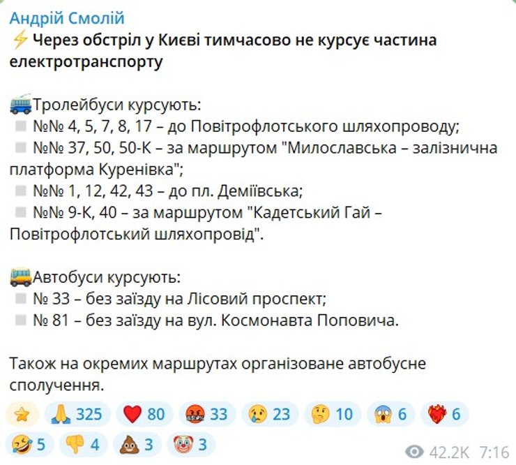 скрин допису про перебої з транспортом у Києві після удару РФ 14 жовтня