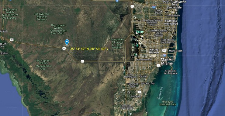 Закинутий аеропорт, злітна смуга, Еверглейдс, Флорида, координати