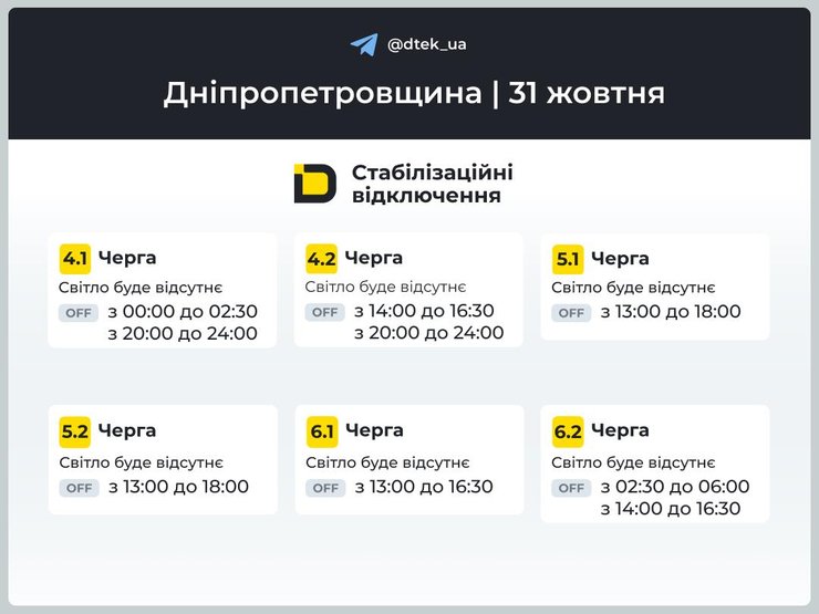 Графіки відключень на 31 жовтня у Дніпропетровщині