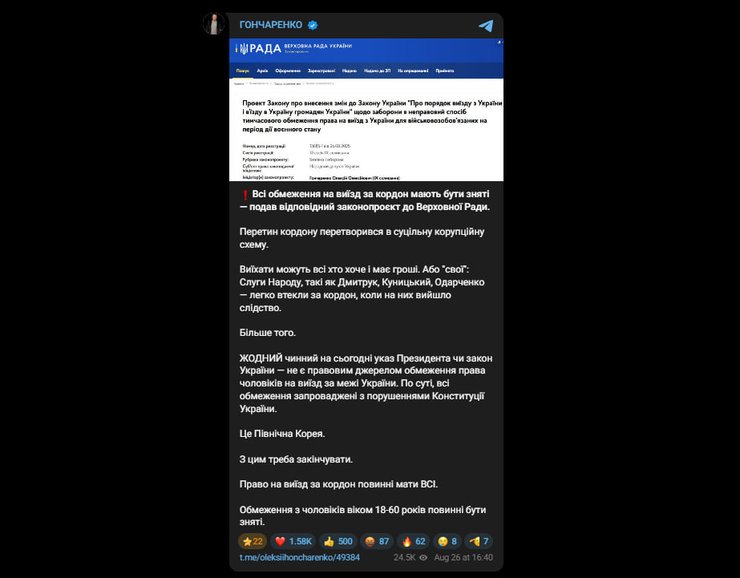 Публікація Олексія Гончаренка в Telegram