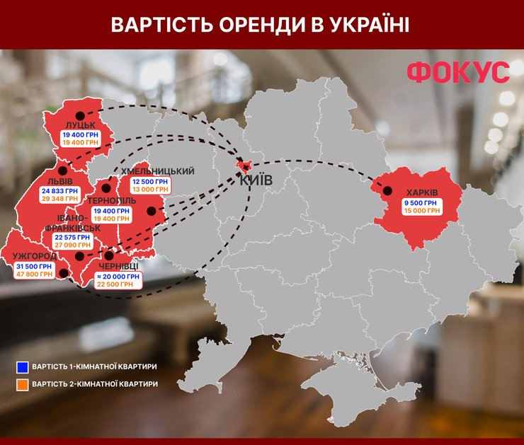 Карта Украины с ценами на аренду одно- и двухкомнатных квартир во Львове, Ужгороде, Черновцах, Ивано-Франковске, Луцке, Тернополе, Хмельницком и Харькове
